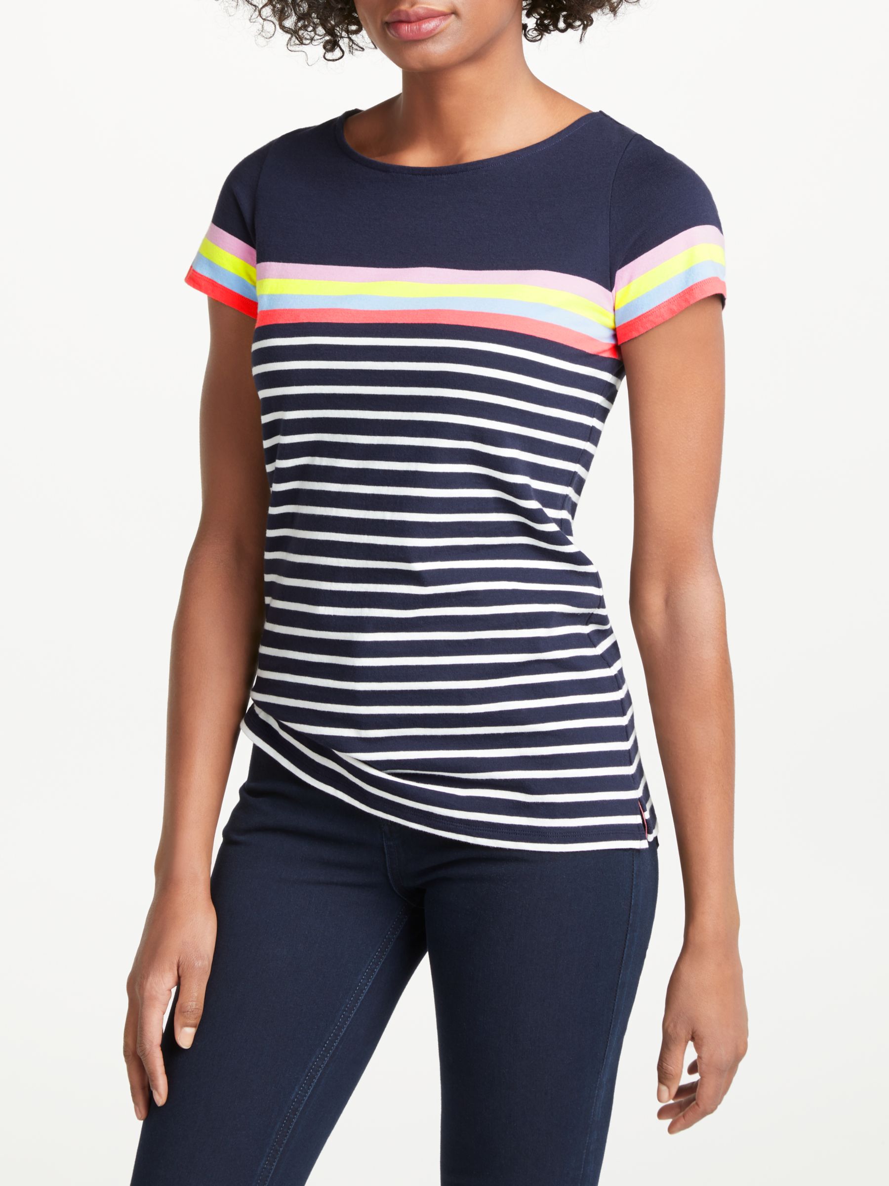 Boden Short Sleeve Breton Top, Navy/Multi at John Lewis