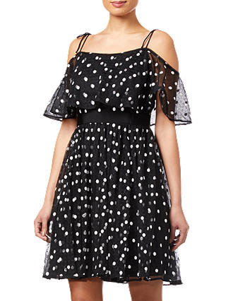Adrianna Papell Spot Pleated Tulle Dress, Black/White