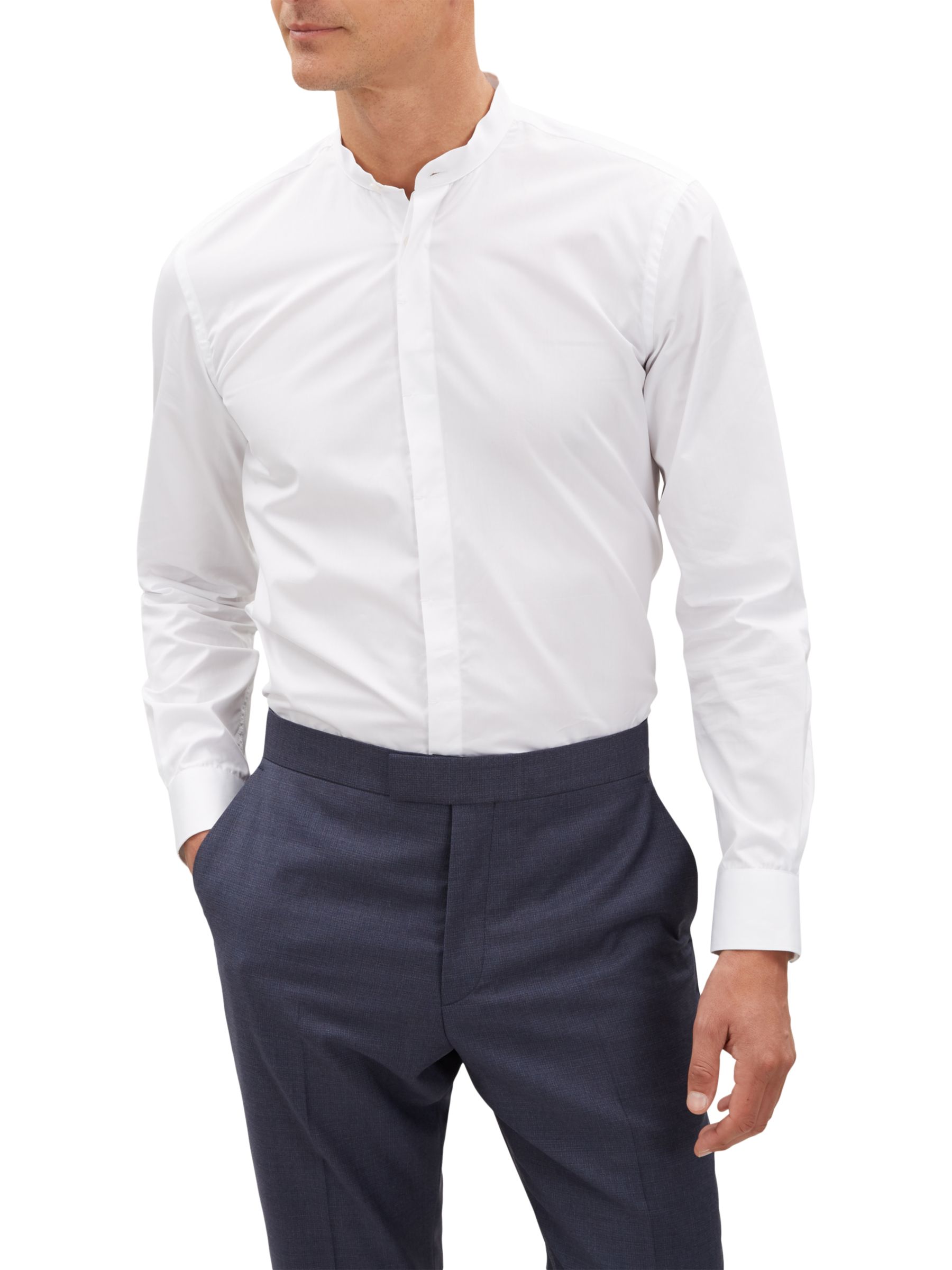 mens white collarless dress shirt