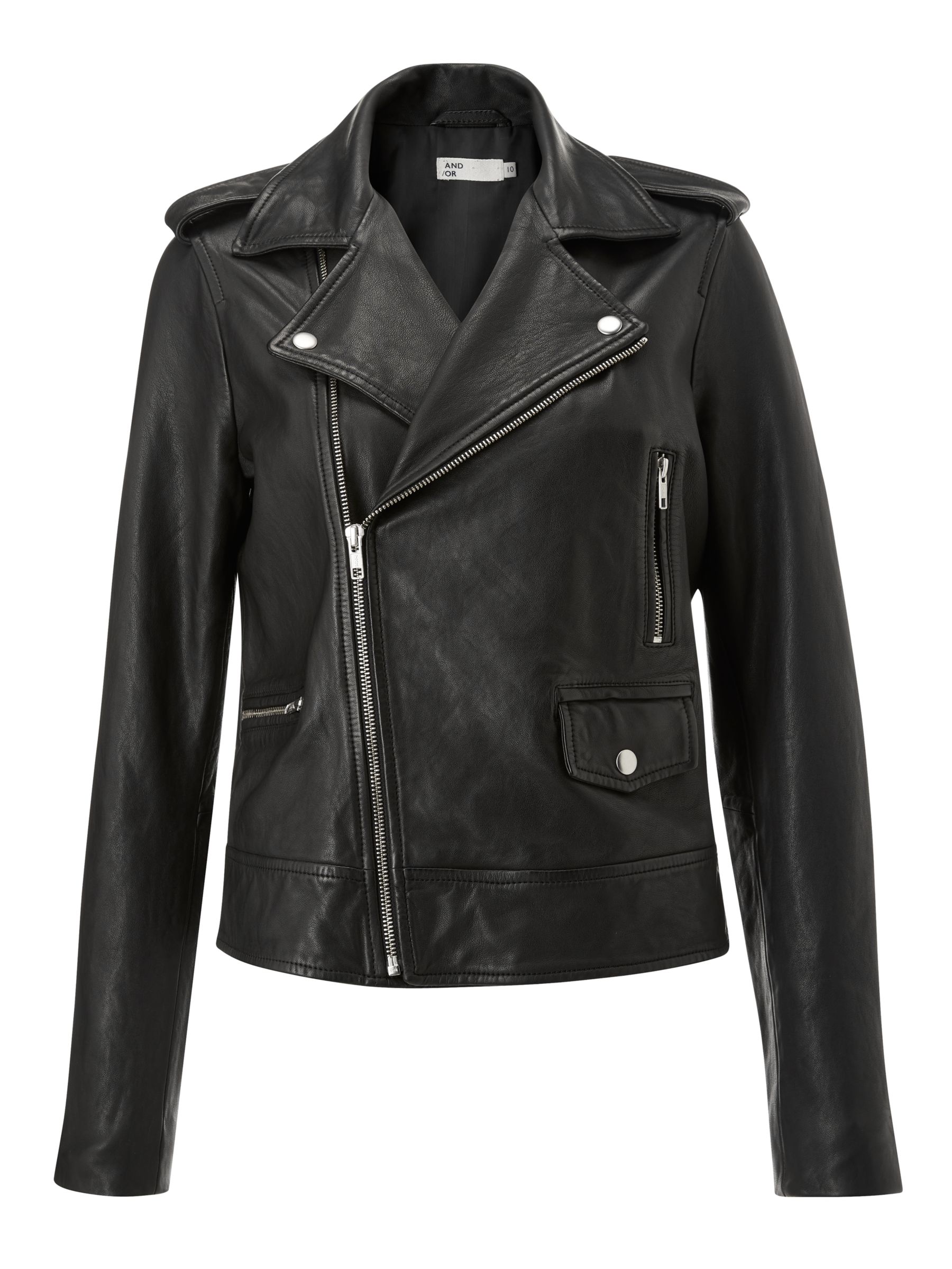 AND/OR Leather Biker Jacket, Black at John Lewis & Partners