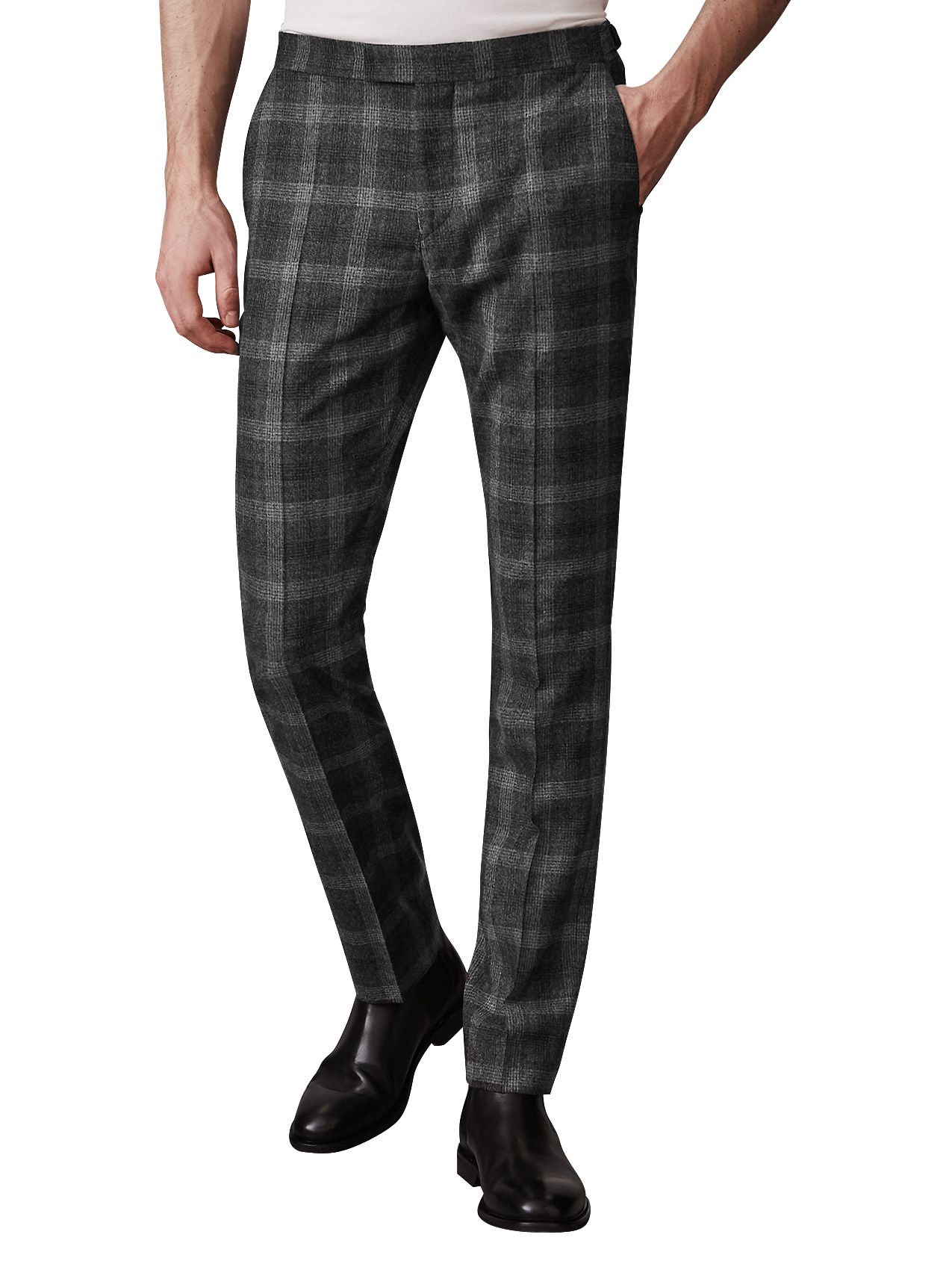 Reiss Russell Check Tailored Wool Trousers, Charcoal