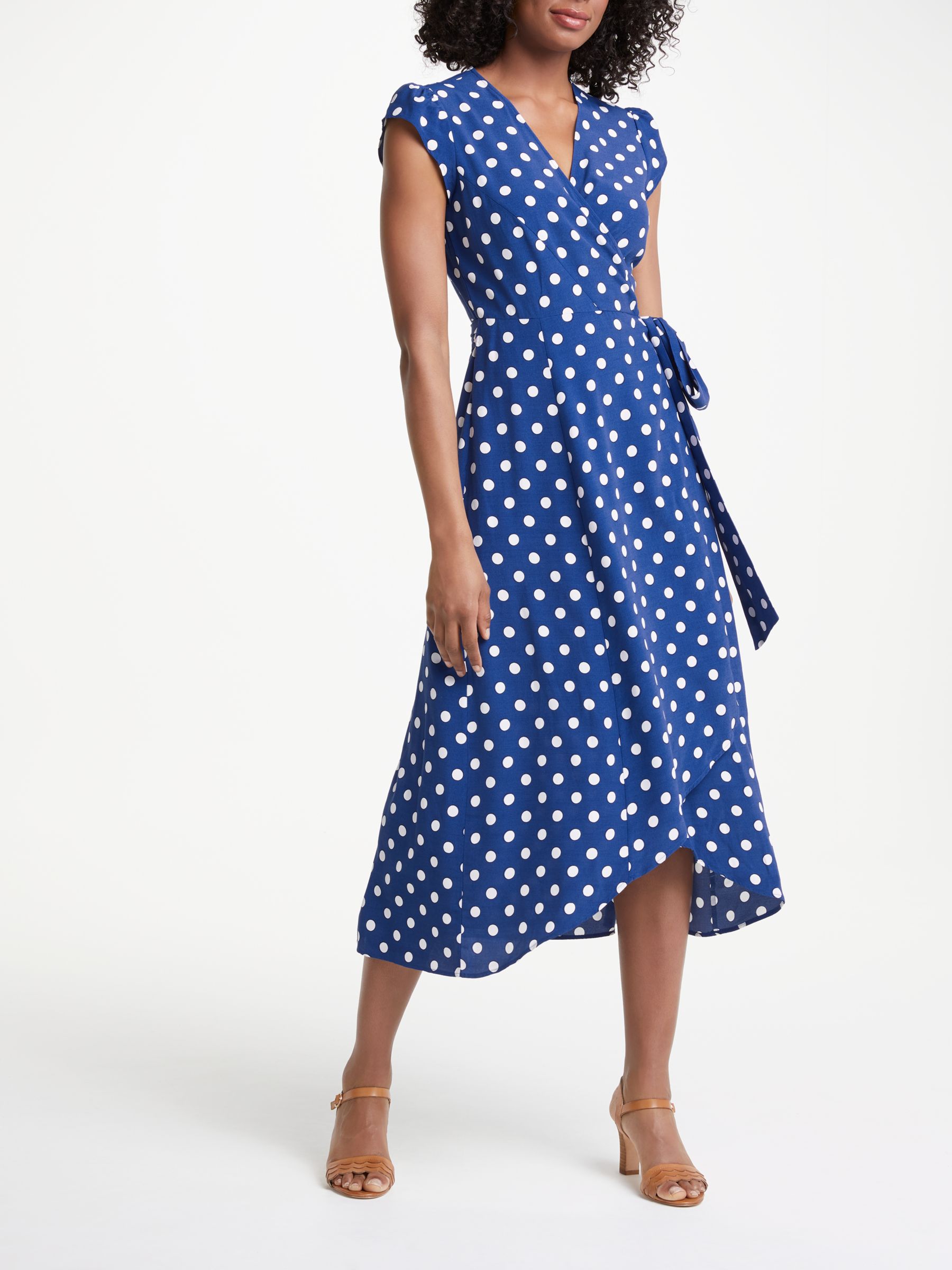 blue and white polka dot wrap dress