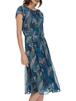 Brora Silk Chiffon Keyhole Dress, Indigo/Lemongrass
