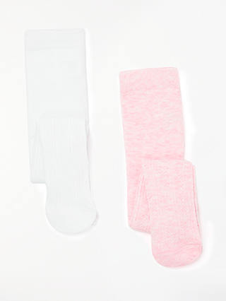 John Lewis & Partners Girls' Cable Knitted Tights, Pack of 2, White/Pink
