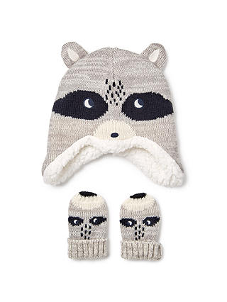 John Lewis & Partners Baby Raccoon Hat and Mittens Set, Grey