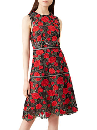 Hobbs Aida Embroidered Floral Dress, Black/Red