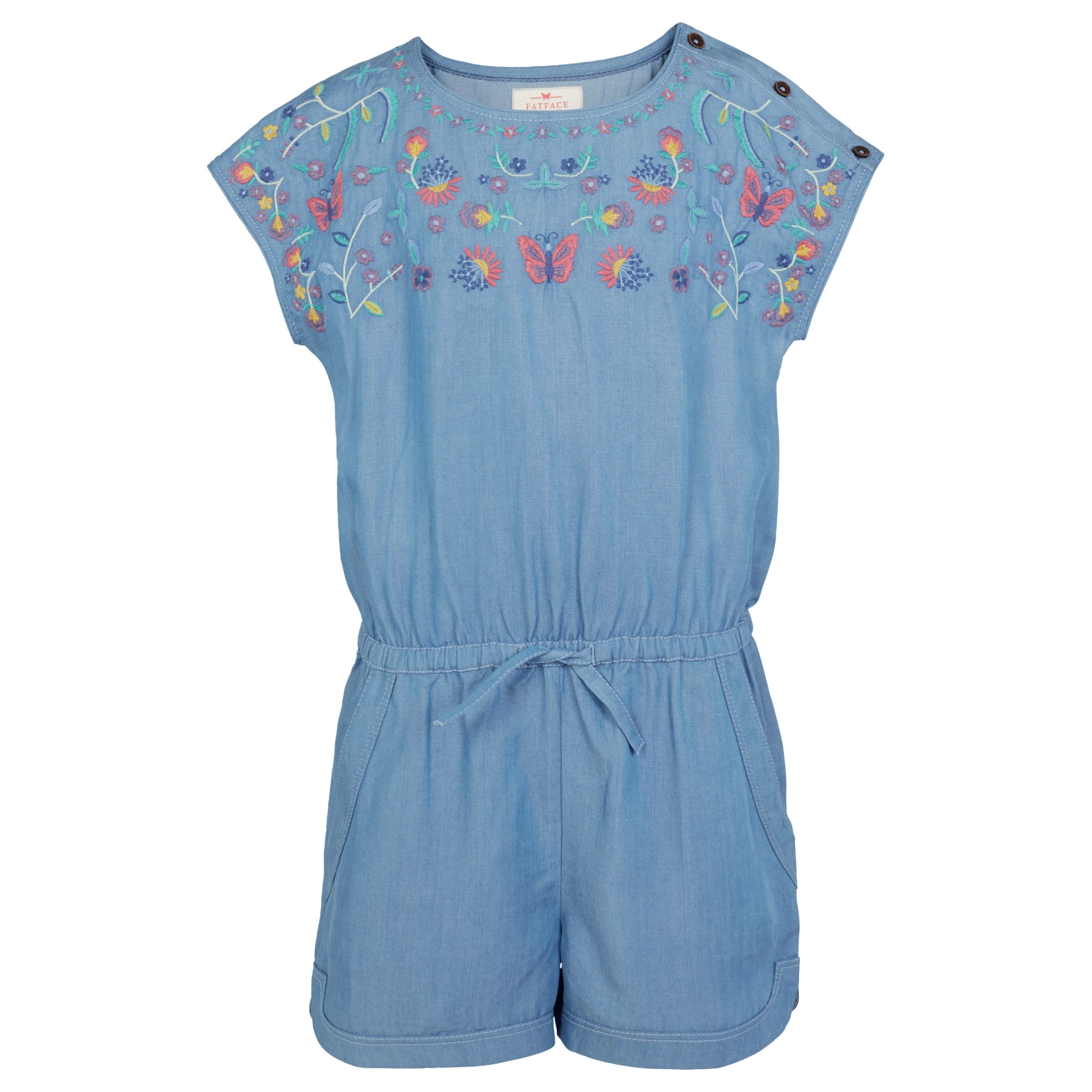 Fat Face Girls' Embroidered Playsuit, Blue