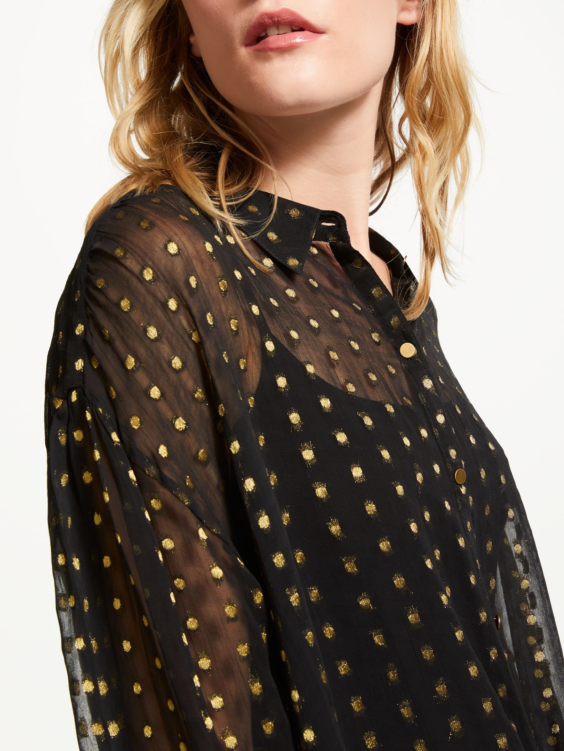 AND/OR Suki Lurex Dot Sheer Blouse, Black/Gold, S