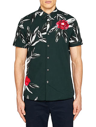 Ted Baker Partwo Short Sleeve Floral Shirt, Dark Green