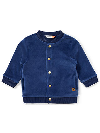 John Lewis & Partners Baby GOTS Organic Cotton Velour Bomber Jacket, Blue