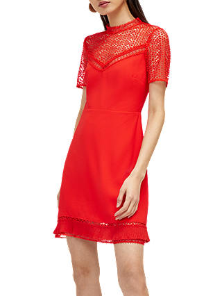 Warehouse Crepe and Lace Mix Dress, Bright Red