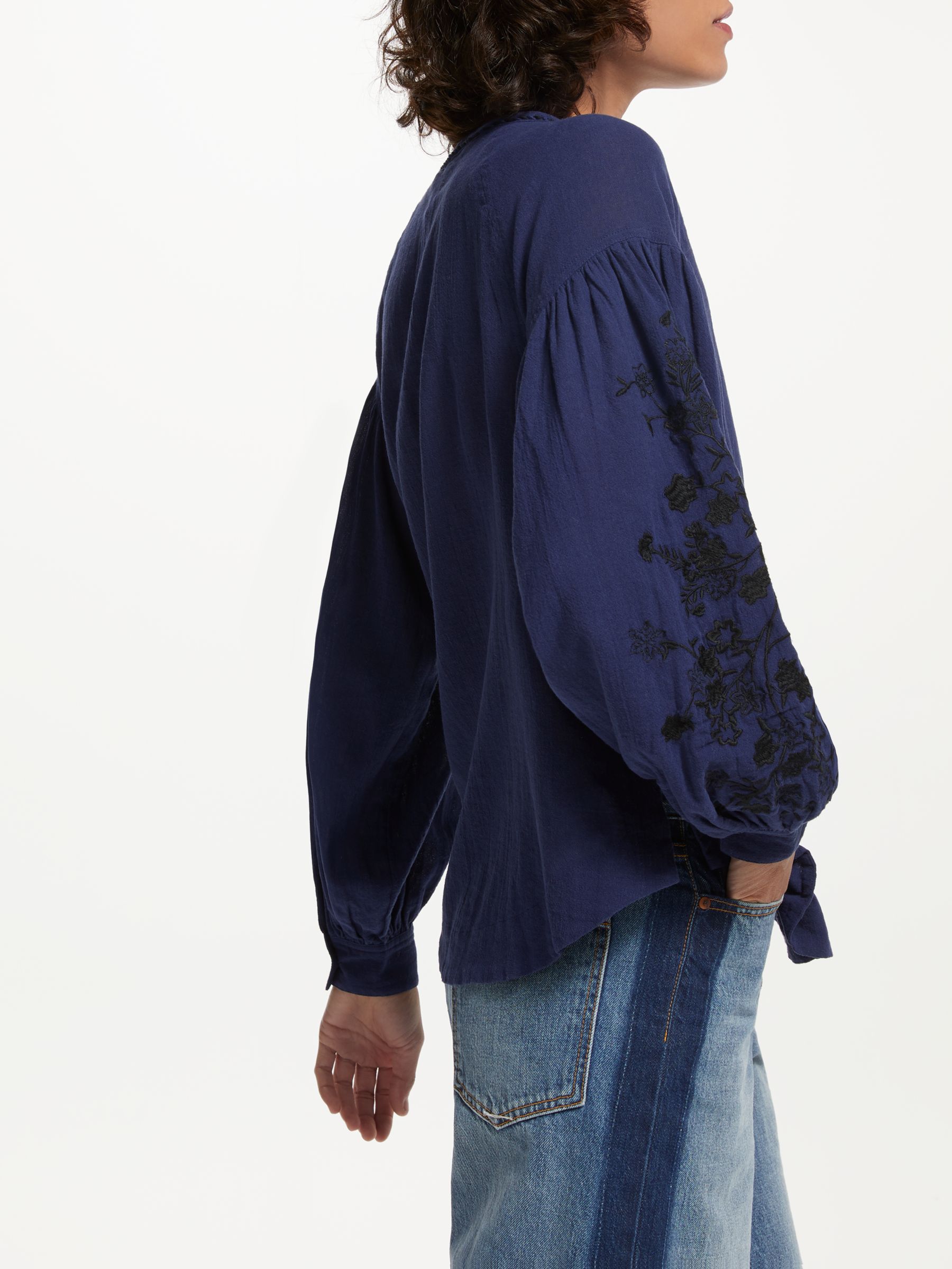 AND/OR Embroidered Blouson Sleeve Blouse, Blue