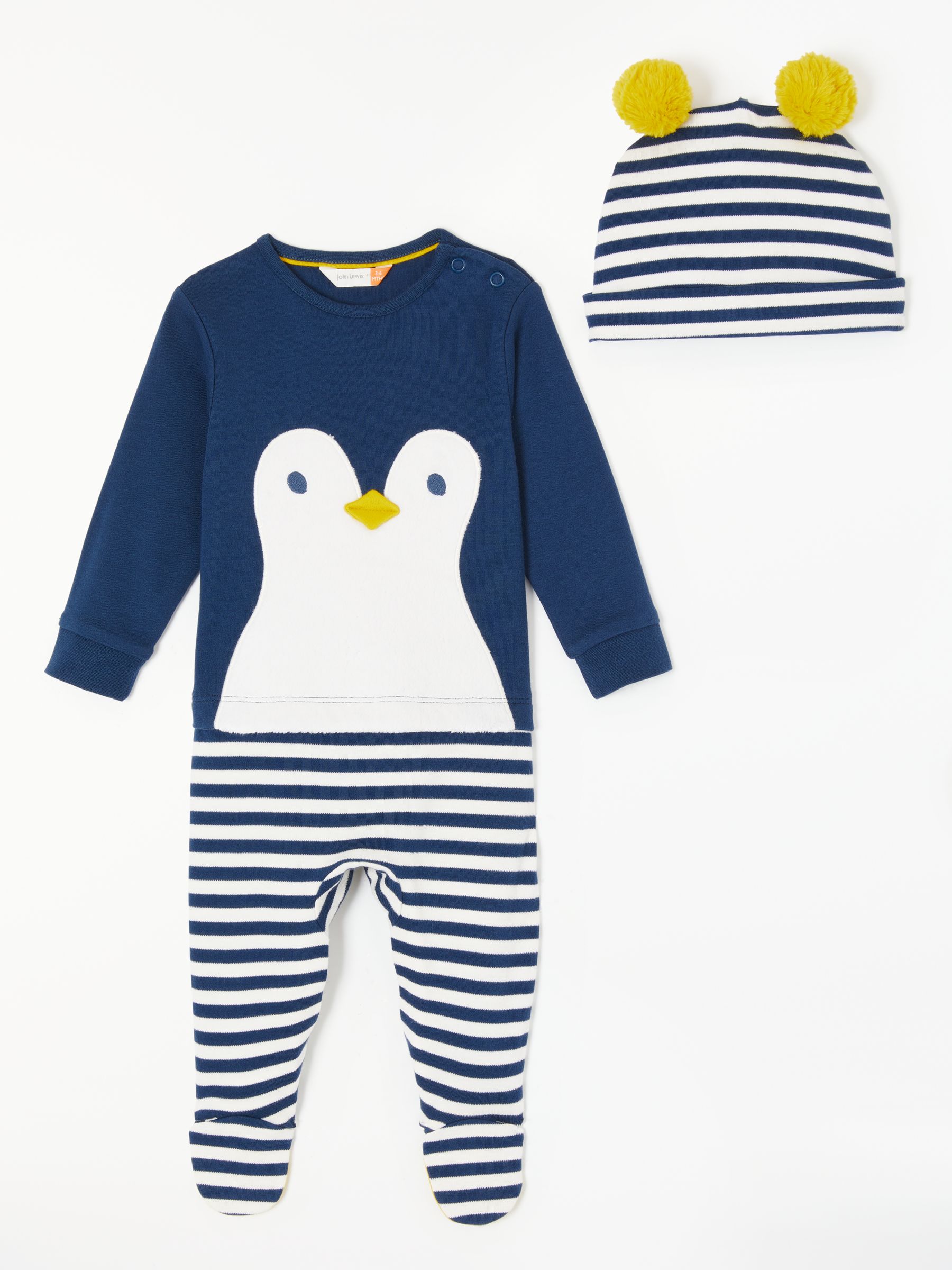 John Lewis & Partners Baby Penguin Sleepsuit and Hat Set, Blue