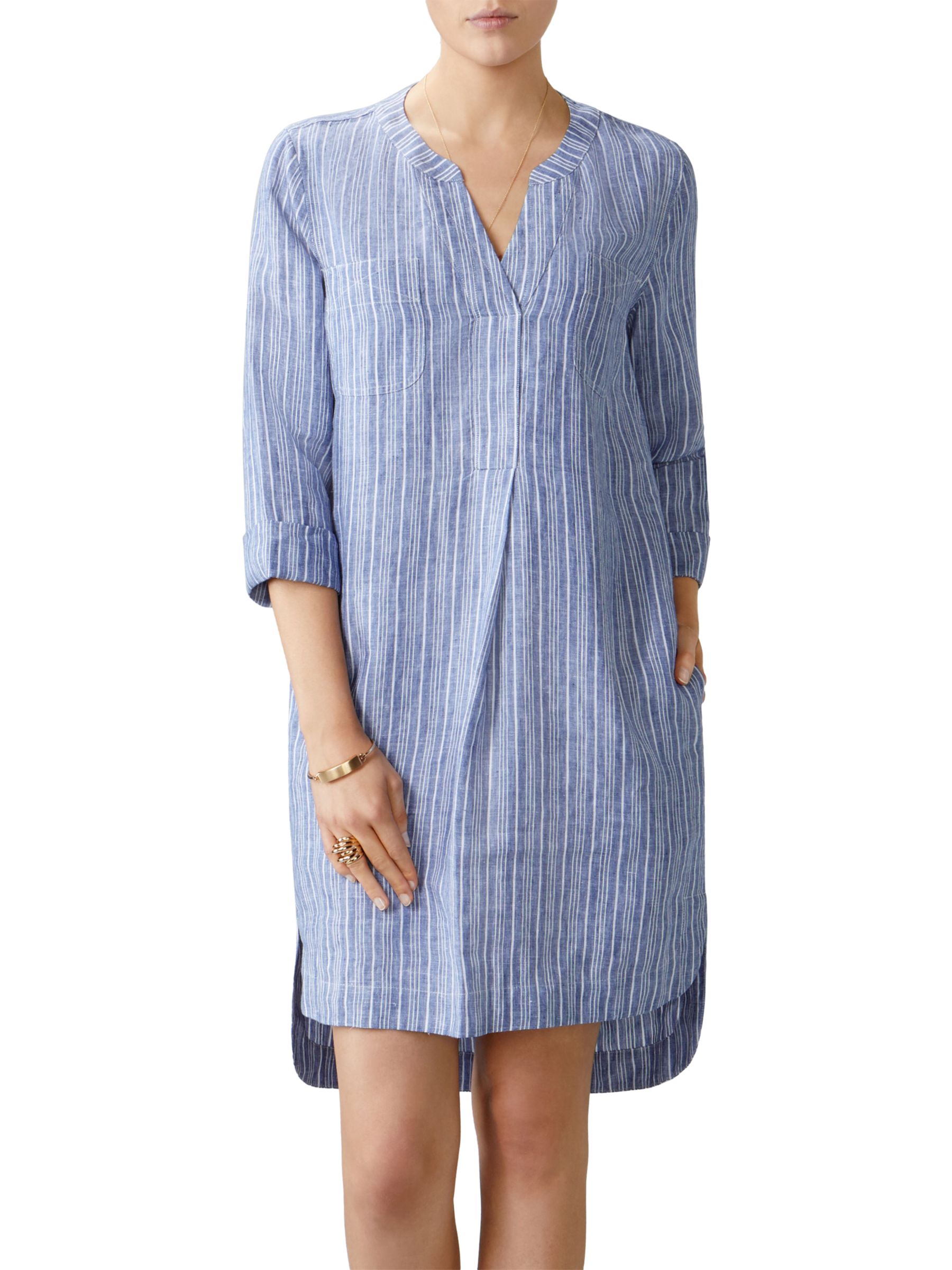Pure Collection Linen Striped Pocketed Dress, Blue/White at John Lewis ...