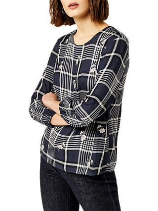 Warehouse Daisy Embroidered Check Top, Blue