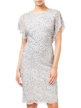 Adrianna Papell Flutter Sleeve Beaded Dress, Silver