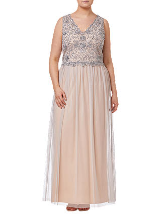 Adrianna Papell Beaded Long Dress, Silver/Nude