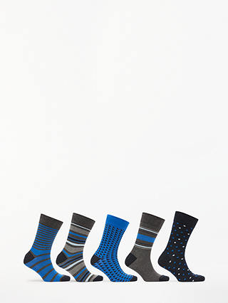 John Lewis & Partners Multi Pattern Socks, Pack of 5, Blue/Grey