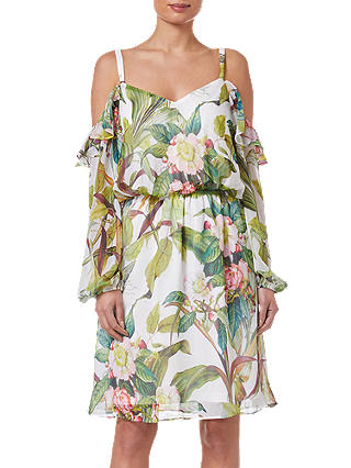Adrianna Papell Botanical Printed Ruffle Blouson Dress, Ivory/Multi