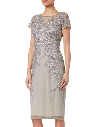 Adrianna Papell Petite Short Sleeve Beaded Cocktail Dress, Platinum