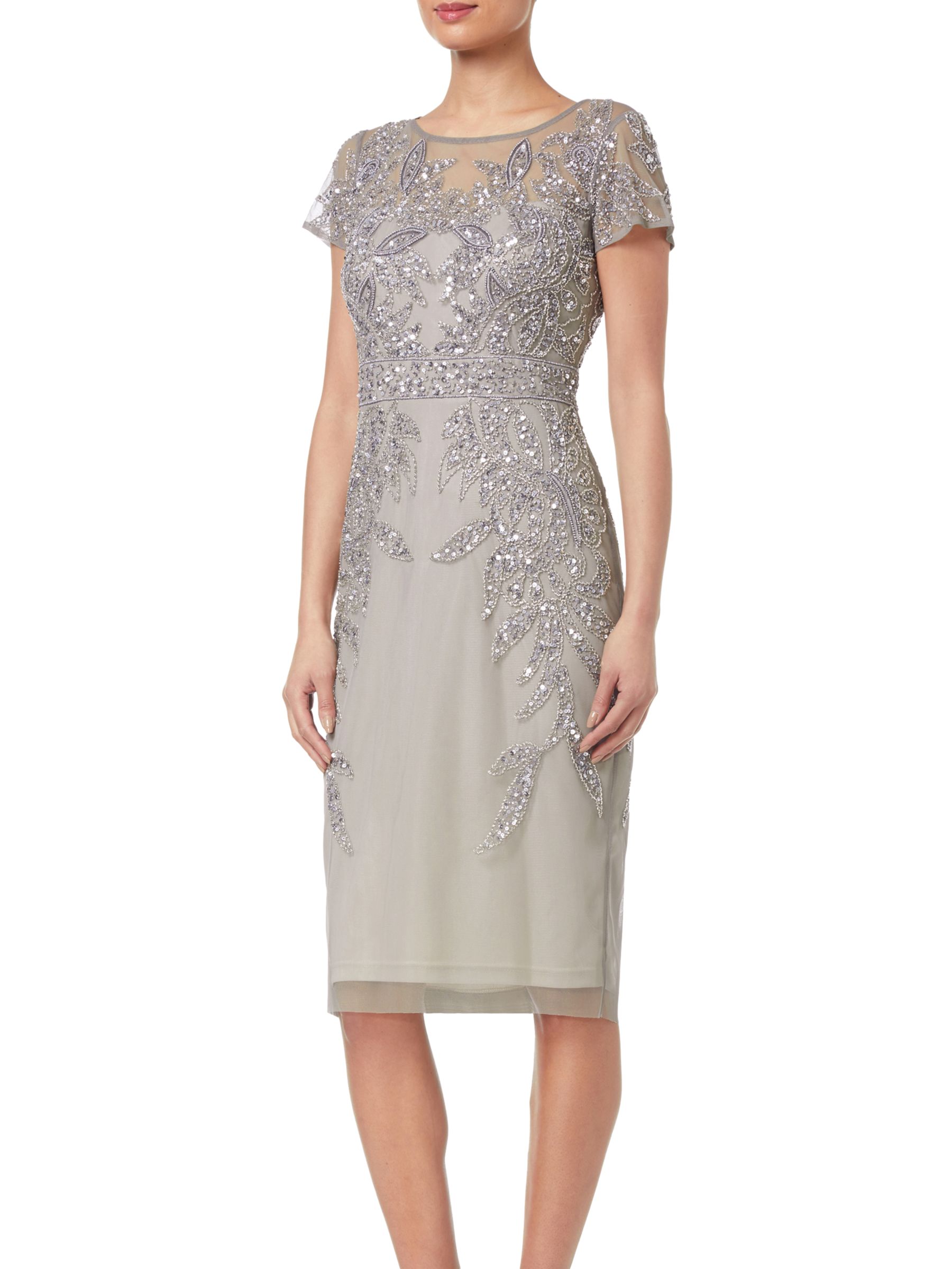 Adrianna Papell Short Sleeve Beaded Cocktail Dress, Platinum, 8