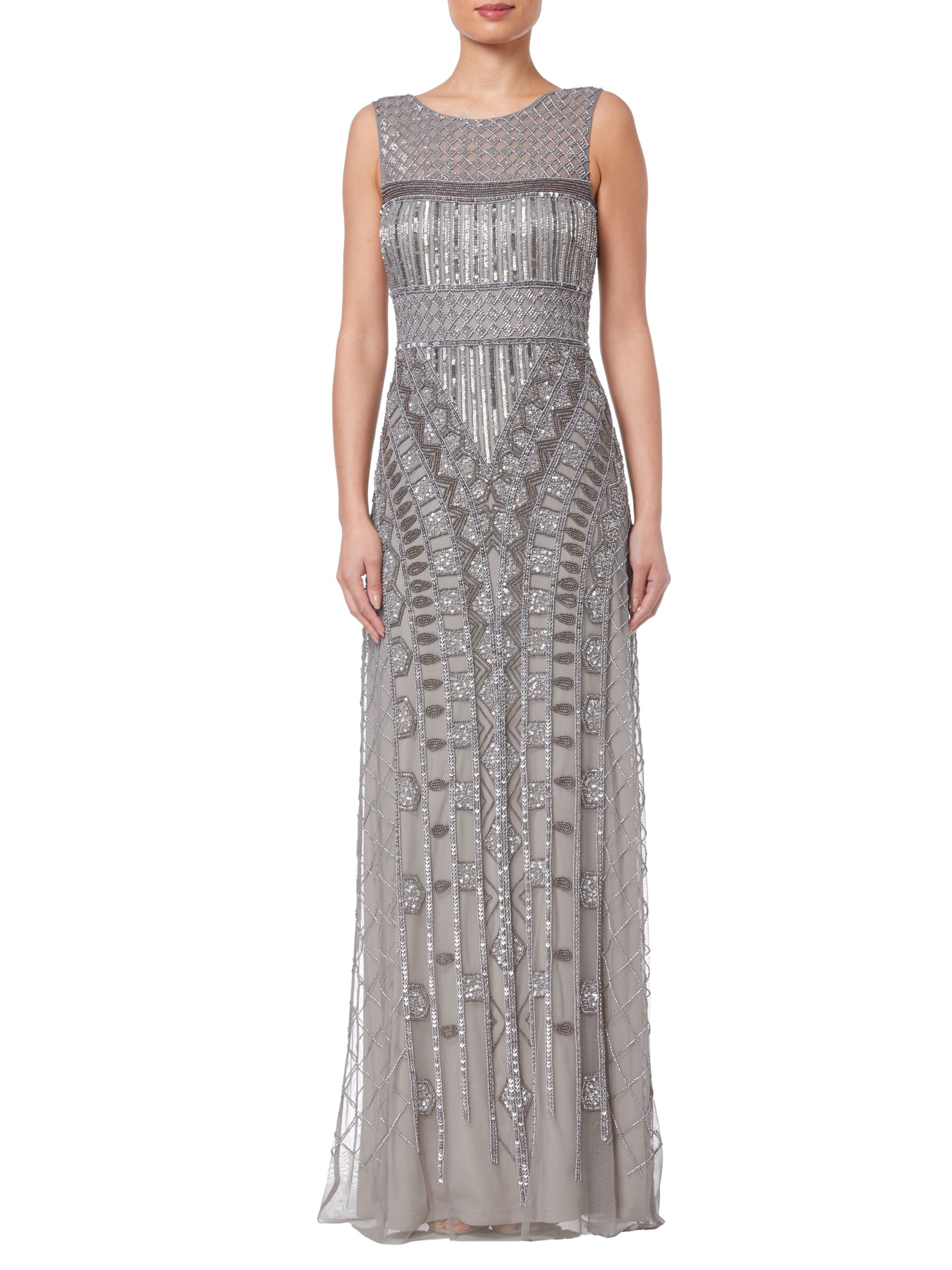 Adrianna Papell Long Beaded Dress, Platinum at John Lewis & Partners