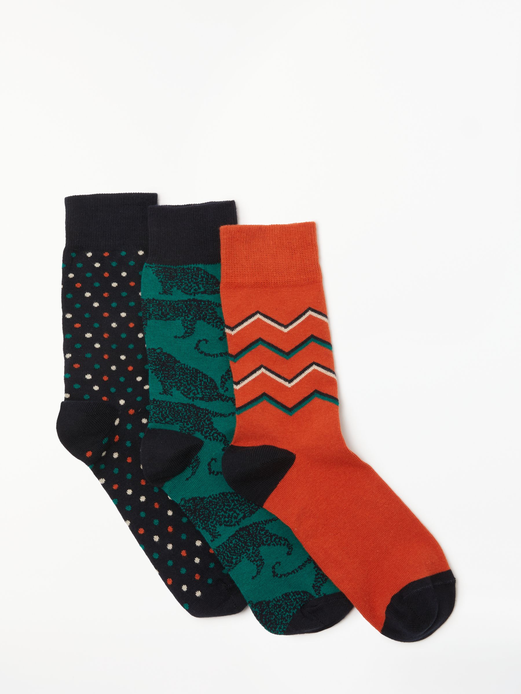 John Lewis & Partners Leopard Pattern Socks, Pack of 3, Orange/Black/Green