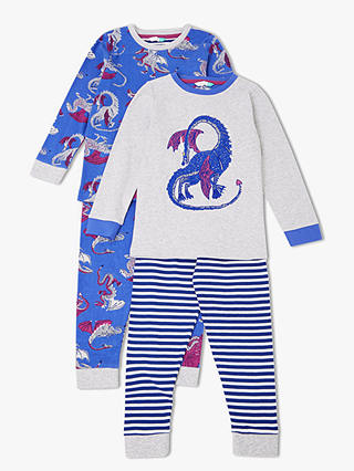 John Lewis & Partners Boys' Dragon Pyjamas, Pack of 2, Blue