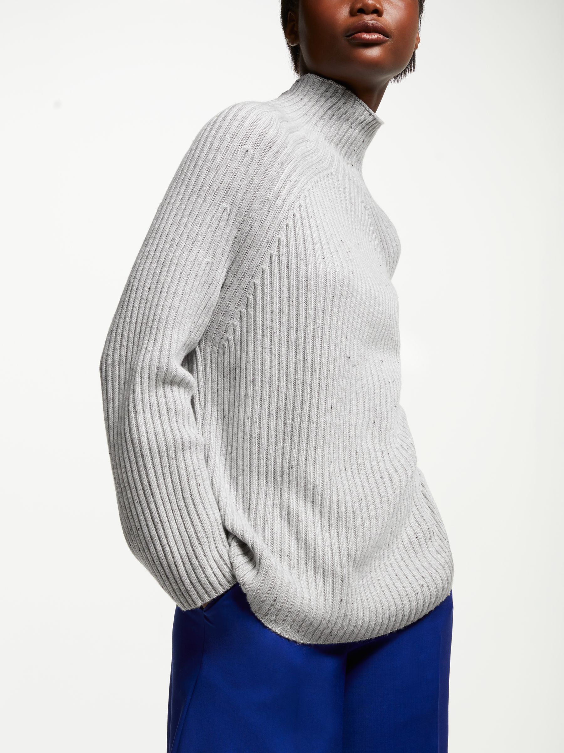 John Lewis & Partners Rib Funnel Neck Sweater, Silver Grey, M