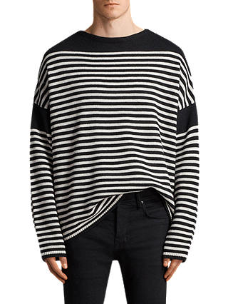 AllSaints Alzette Stripe Oversized Jumper, Black/Ecru White