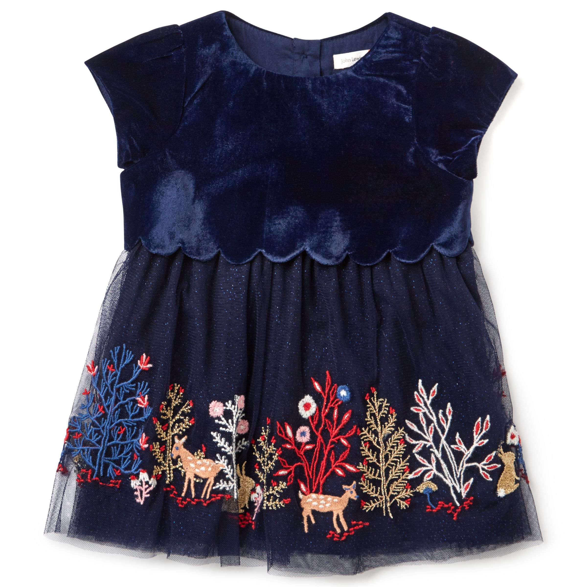 John Lewis & Partners Baby Velour Embroidered Party Dress, Navy