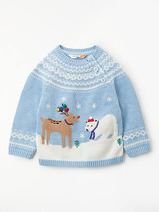 John Lewis Baby Reindeer and Polar Bear Christmas Jumper, Blue