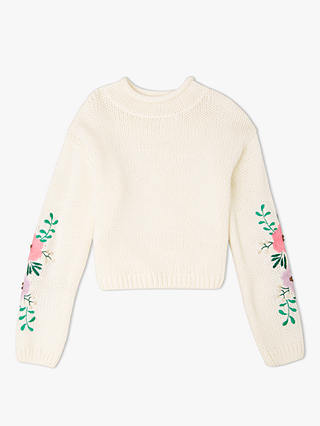 John Lewis & Partners Girls' Floral Embroidered Knitted Jumper, Cream
