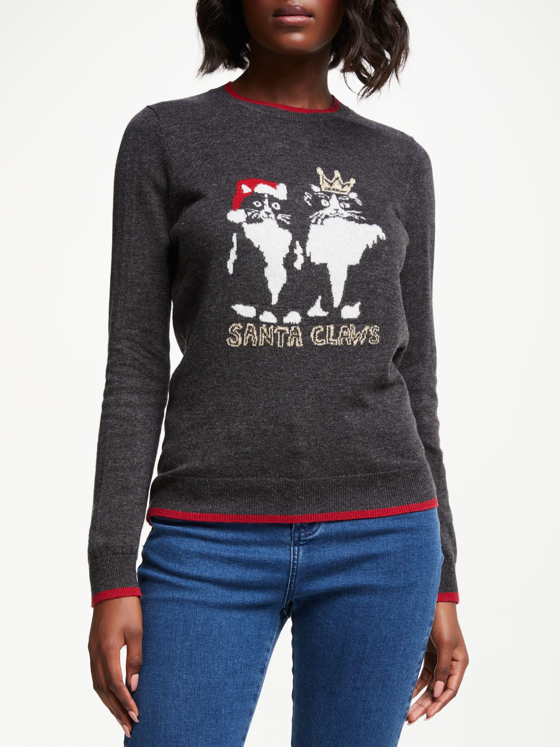 Collection WEEKEND by John Lewis Santa Claws Cats Christmas Jumper, Grey/Multi, 8