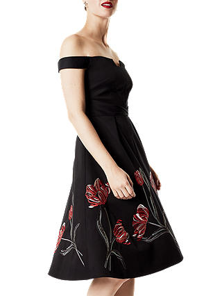 Karen Millen Tulip Embroidered Bardot Dress, Black/Multi