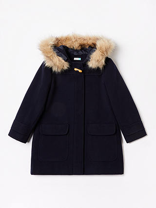 John Lewis & Partners Girls' Faux Fur Hood Duffle Coat, Navy