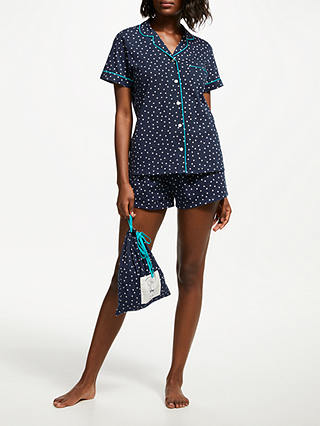 John Lewis & Partners Etienne Star Print Shorts Pyjama Set With Bag, Blue/Turquoise