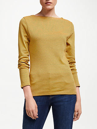 John Lewis & Partners Long Sleeve Boat Neck Stripe T-Shirt, Mustard/Charcoal