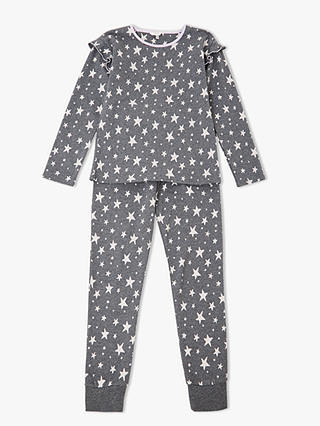 John Lewis & Partners Girls' Jersey Ruffled Shoulder Star Pyjamas, Grey