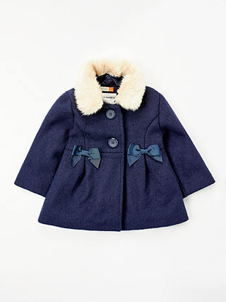 John Lewis & Partners Baby Bow Detail Wool Fur Coat, Navy