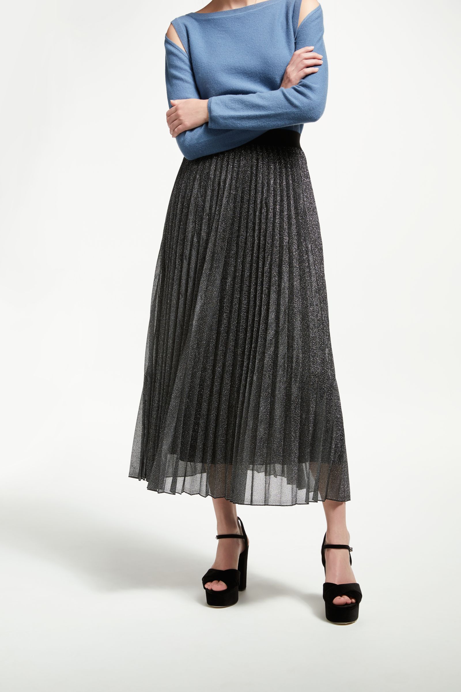 Marella Empoli Pleated Glitter Skirt, Dark Grey at John Lewis & Partners