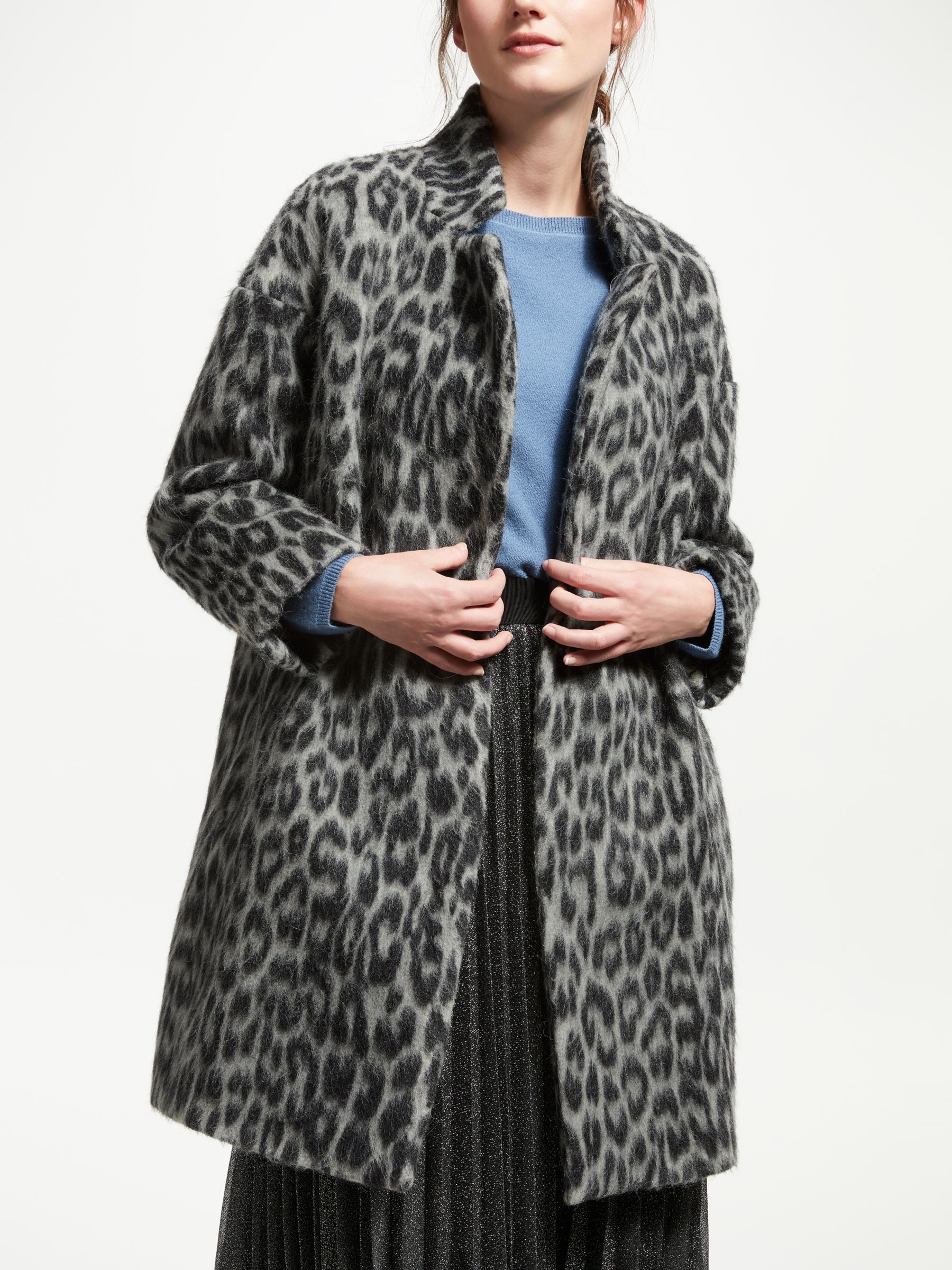 Marella Leopard Wool Alpaca Coat, Grey at John Lewis & Partners