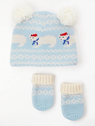 John Lewis & Partners Baby Polar Bear Fairisle Hat and Mitt Set, Light Blue