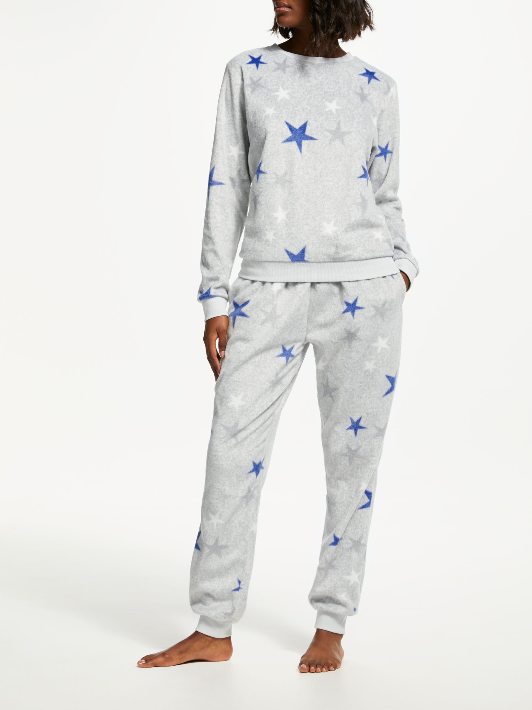 John Lewis & Partners Star Print Fleece Twosie Pyjama Set, Grey
