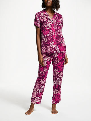 John Lewis & Partners Ophelia Floral Print Satin Pyjama Set, Pink/Multi