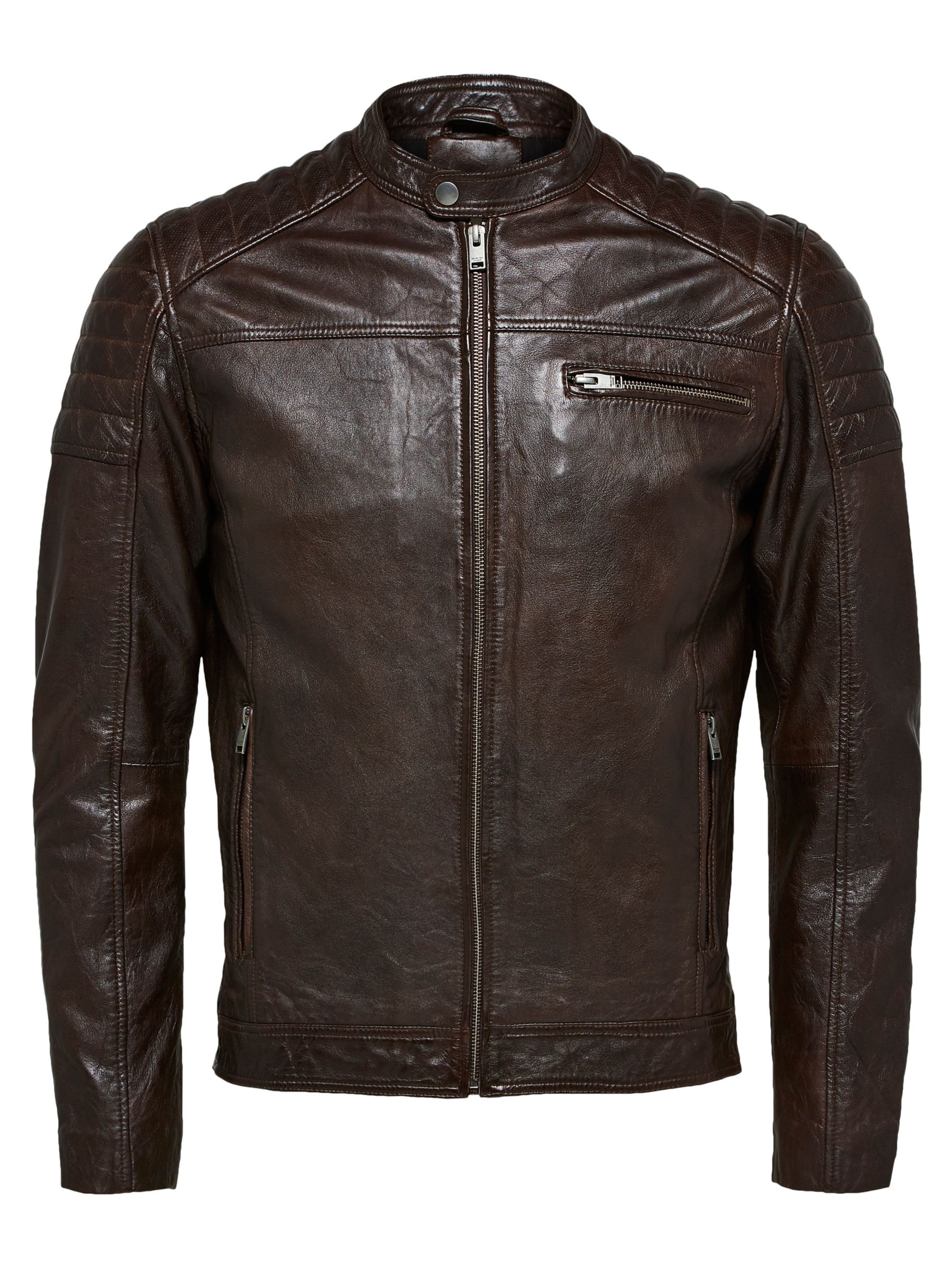 Selected Homme Leather Jacket, Brown at John Lewis & Partners