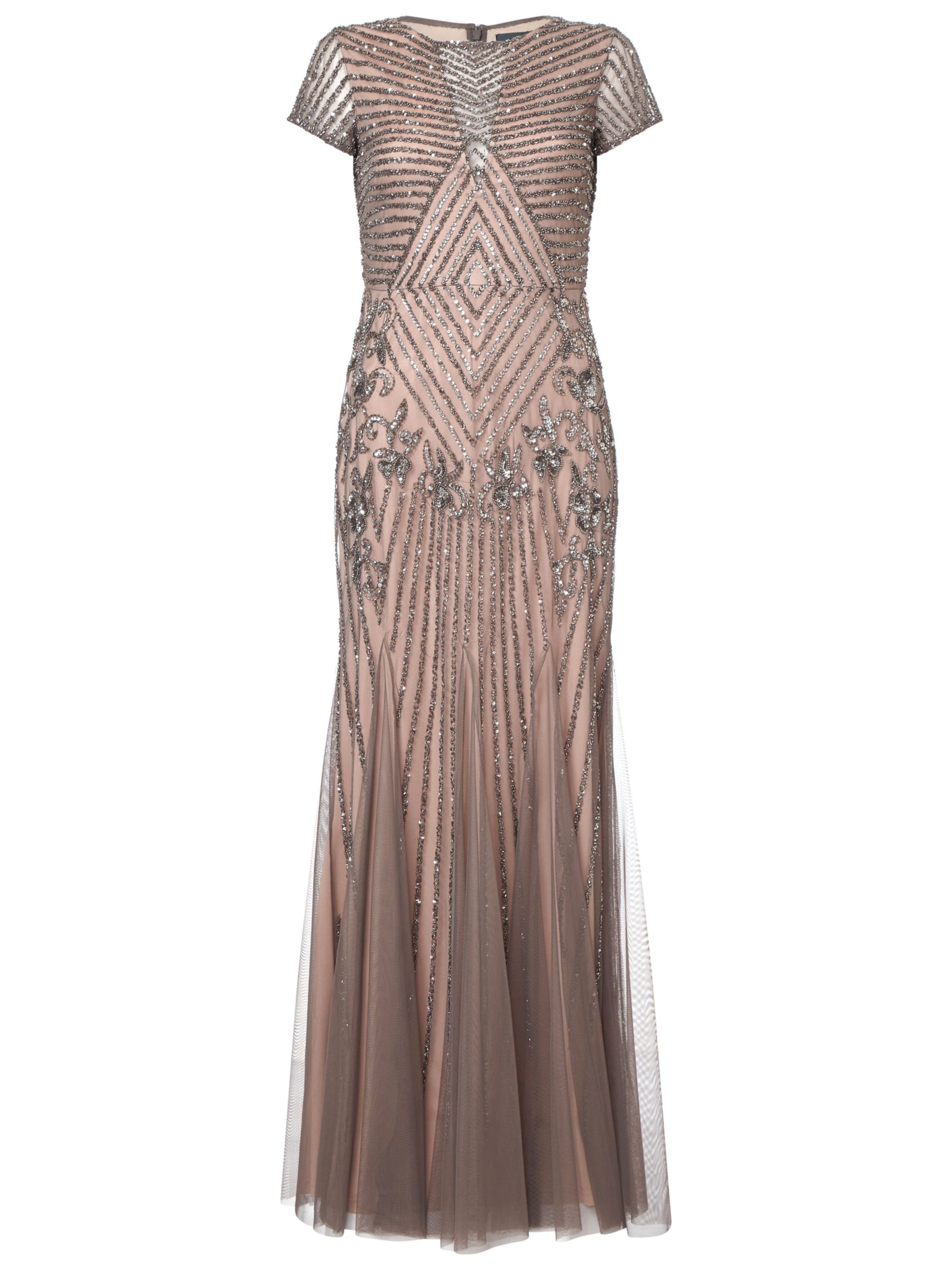 Adrianna Papell Short Sleeve Beaded Godet Gown Leadnude At John Lewis And Partners