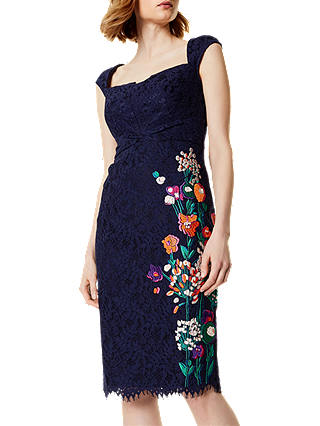 Karen Millen Flower Bouquet Embroidery Lace Dress, Navy/Multi