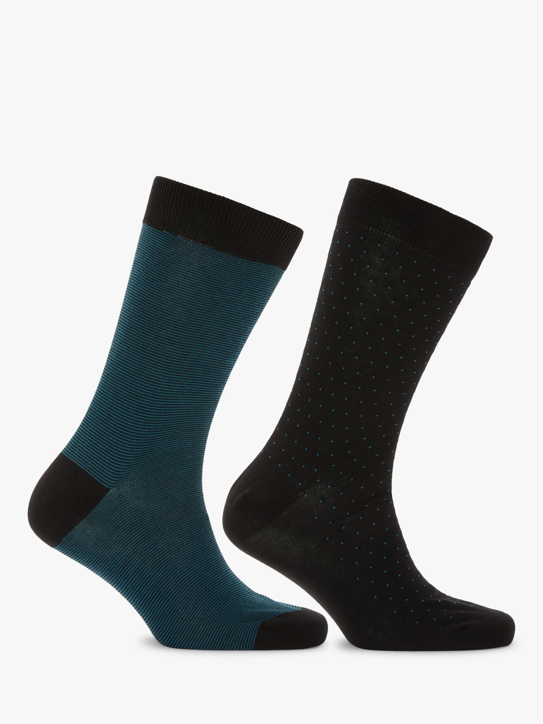 John Lewis & Partners Made in Italy Birdseye Fine Stripe Socks, Pack of 2, Black/Tuquoise