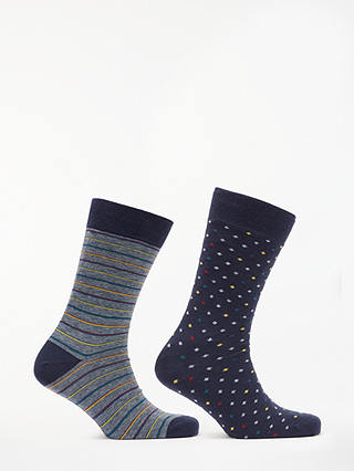 John Lewis & Partners Made in Italy Cotton Cashmere Diamond Stripe Socks, Pack of 2, Navy/Multi